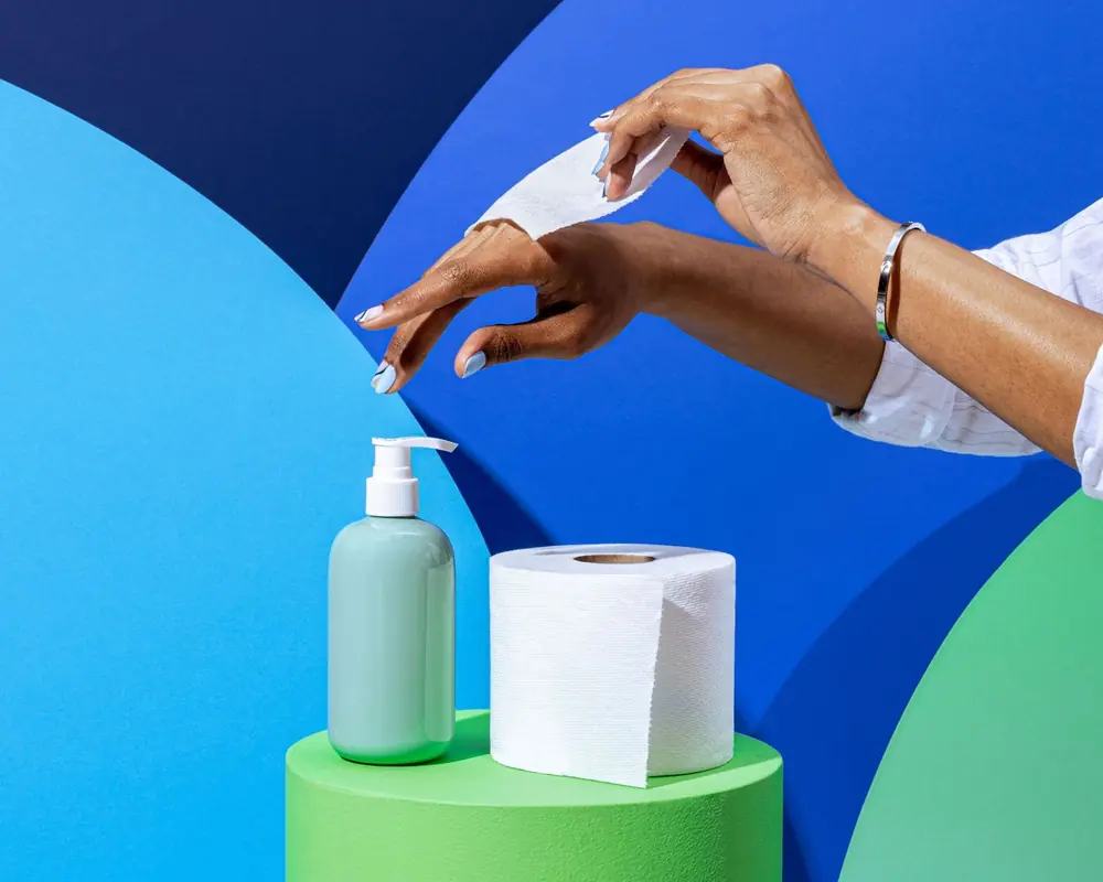 Graphic product still life in saturated blue and green