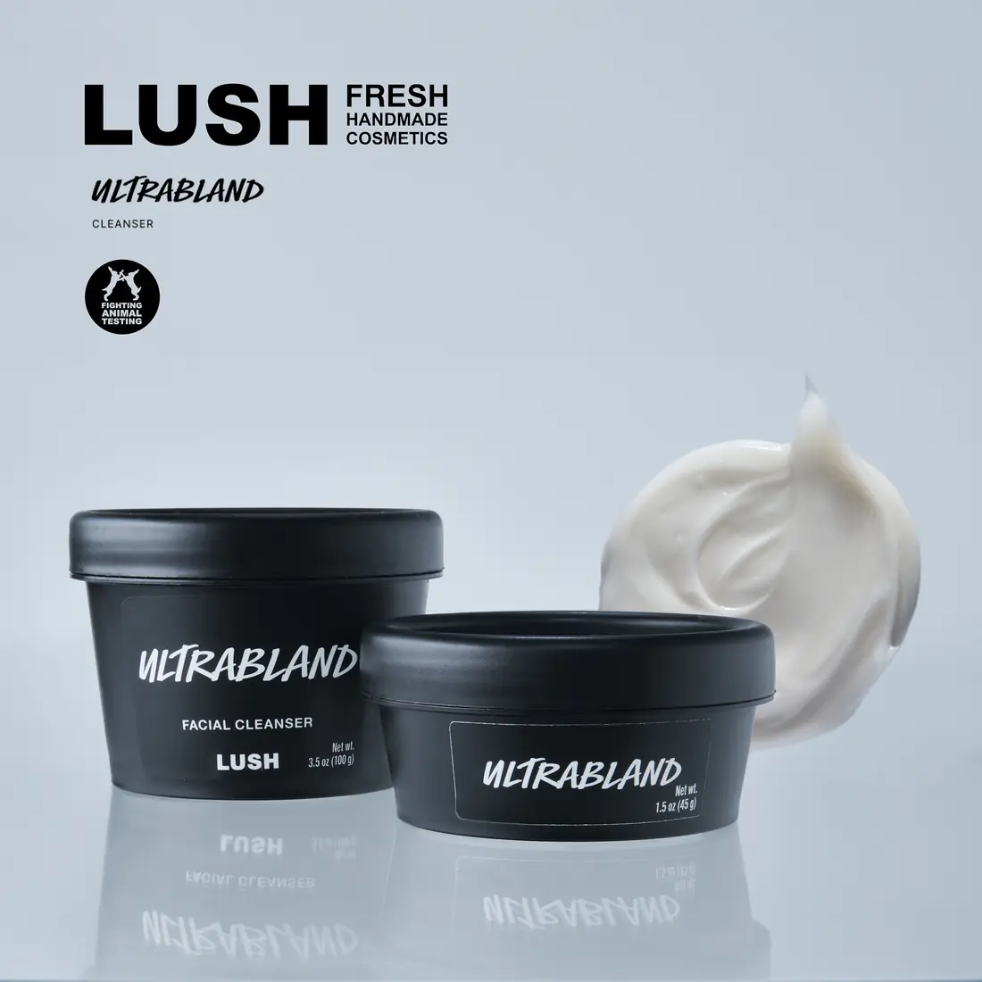 Lush Ultrabland skincare tubs with a sculpted sweep of cream