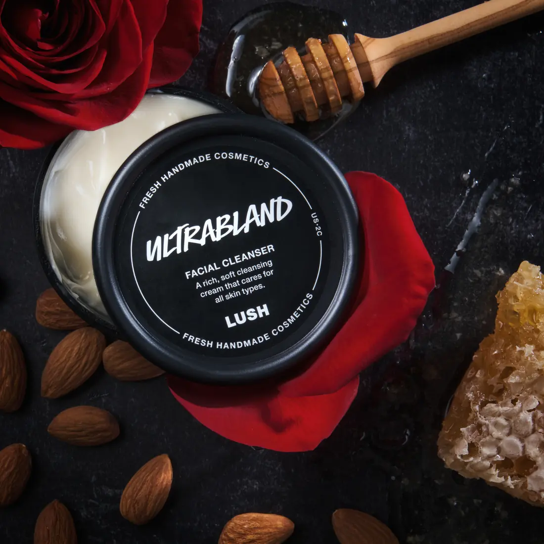 Lush Ultrabland product with rose petals, almonds, and honeycomb